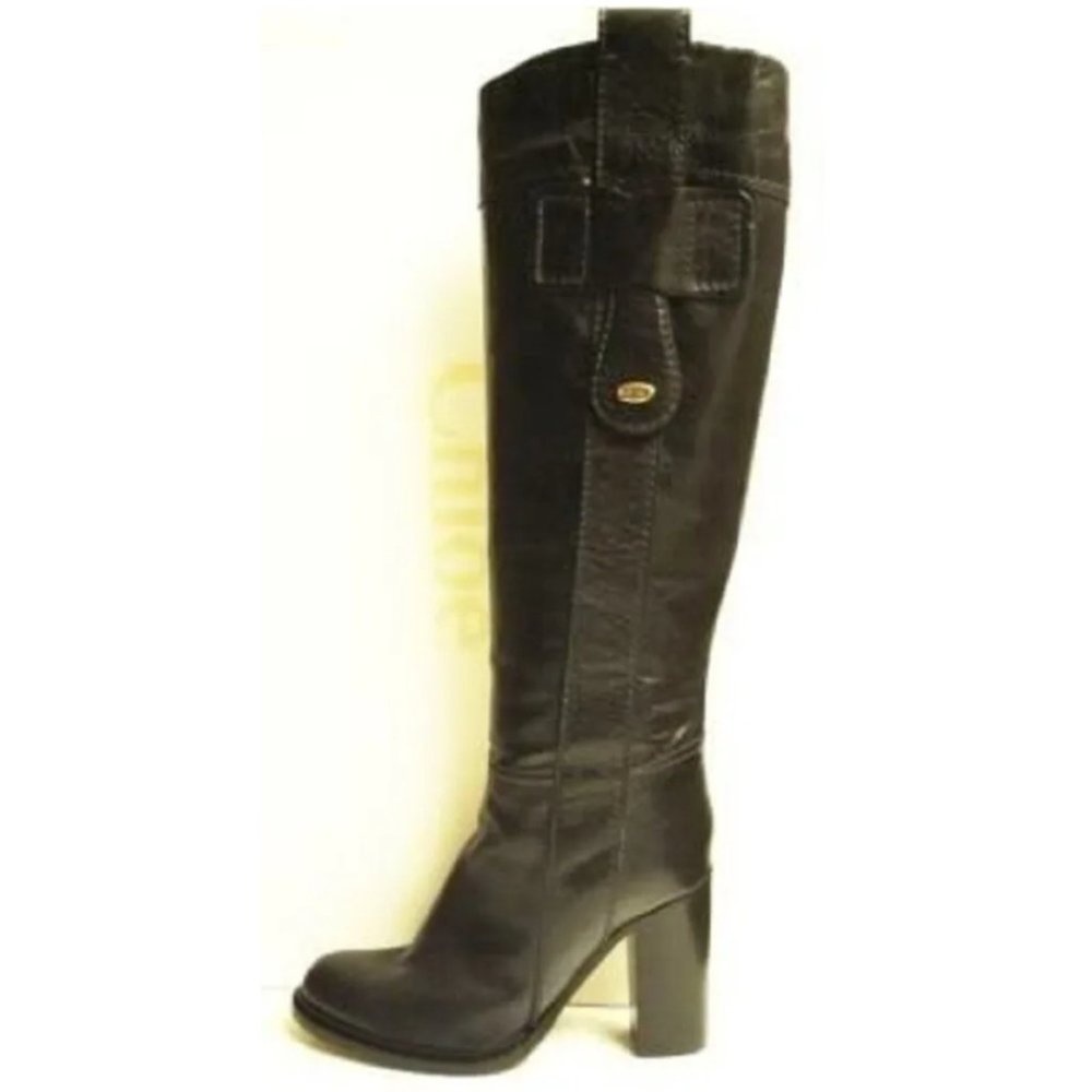 New CHLOE 36 Black Distressed Leather Knee-High Chunky Heel Boots